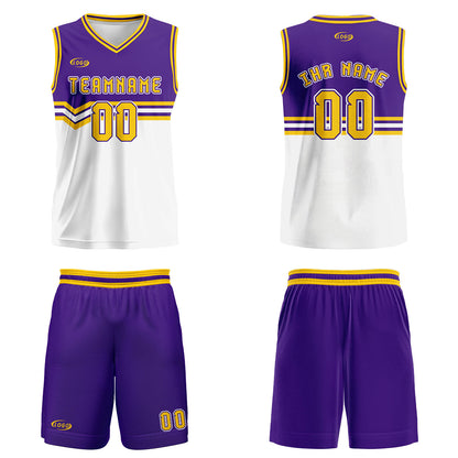 Benutzerdefinierter Lila Weiß Gelb Basketball Jersey Uniform Anzug gedruckt Ihr Logo Name Nummer