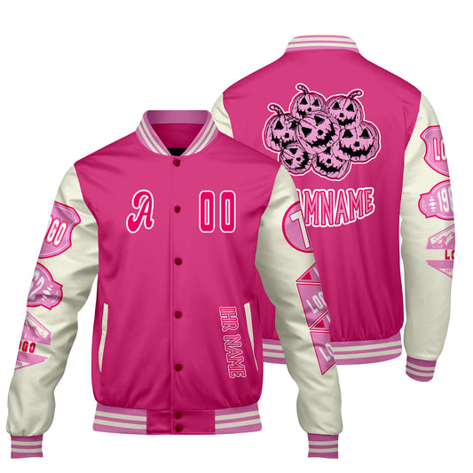 Maßgeschneiderte Rosa Weiß Letterman Varsity Jacket Individuelle Stickerei  Druck nach Ihrem Wunsch