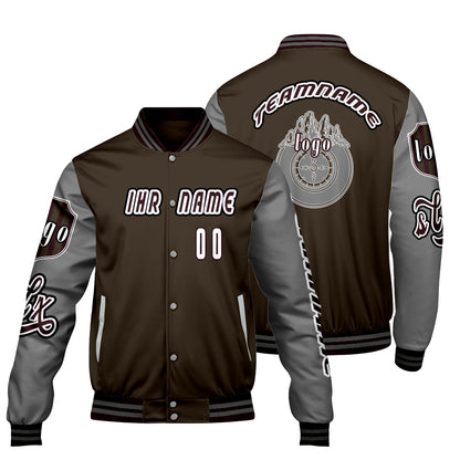 Maßgeschneiderte Braun Grau Letterman Varsity Jacket Individuelle Stickerei  Druck nach Ihrem Wunsch