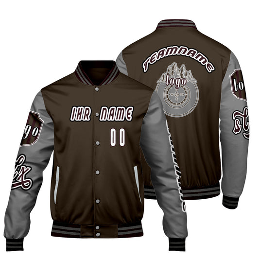 Maßgeschneiderte Braun Grau Letterman Varsity Jacket Individuelle Stickerei  Druck nach Ihrem Wunsch