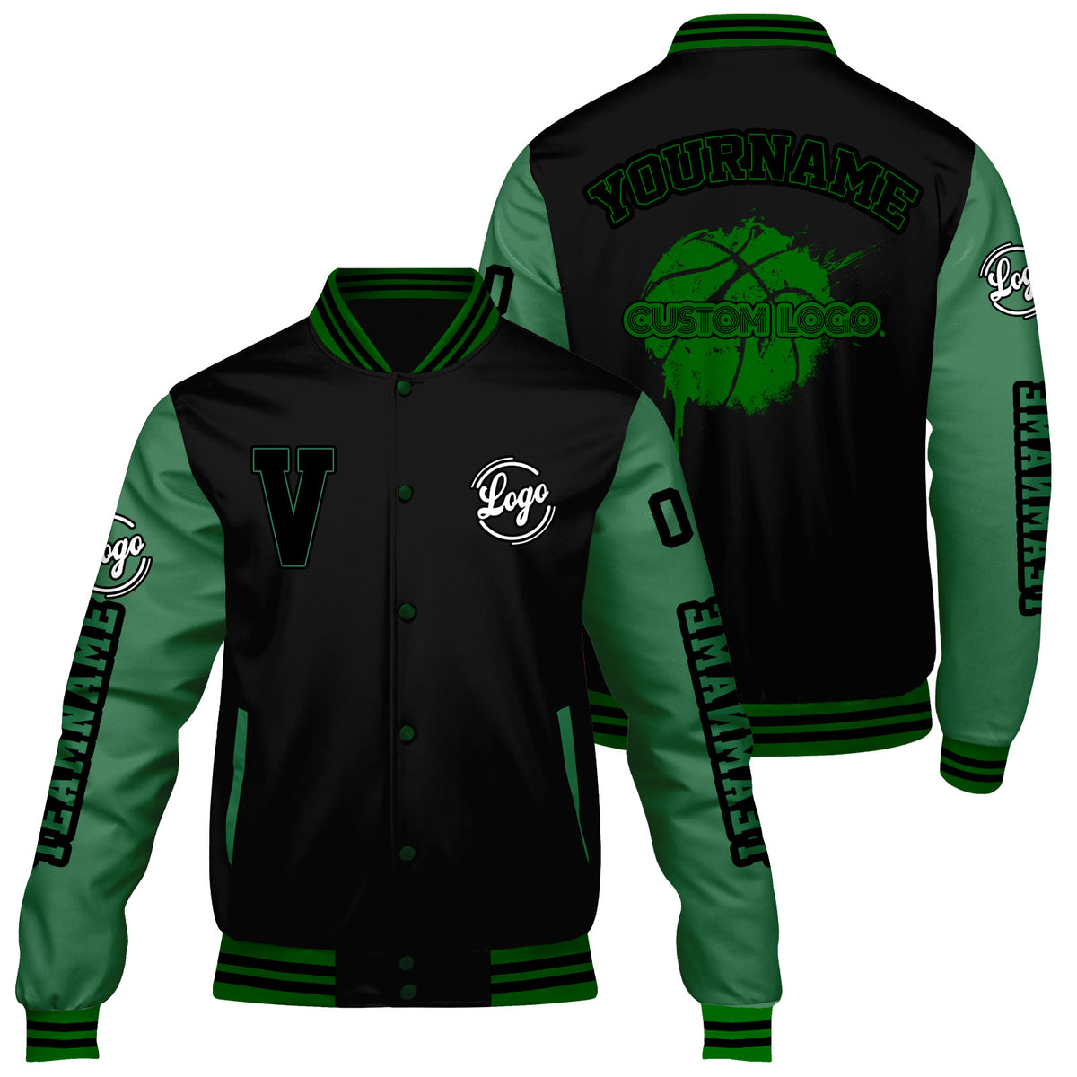 Maßgeschneiderte Schwarzes Gras Grün Letterman Varsity Jacket Individuelle Stickerei Druck nach Ihrem Wunsch
