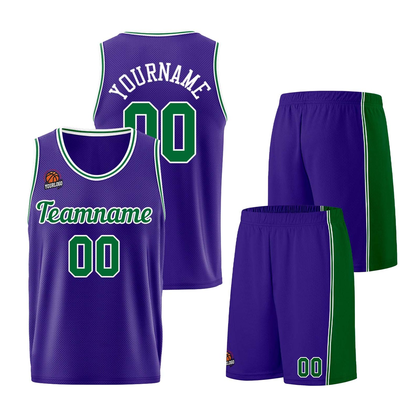 Individuelle Lila Grün Basketball Jersey Shorts für Männer und Frauen Gestickter und gedruckter Name, Nummer und Logo