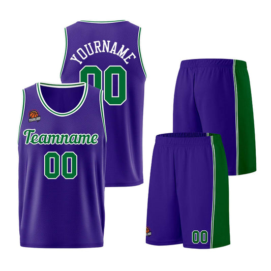 Individuelle Lila Grün Basketball Jersey Shorts für Männer und Frauen Gestickter und gedruckter Name, Nummer und Logo
