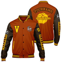 Maßgeschneiderte Orange Braun Letterman Varsity Jacket Individuelle Stickerei Druck nach Ihrem Wunsch