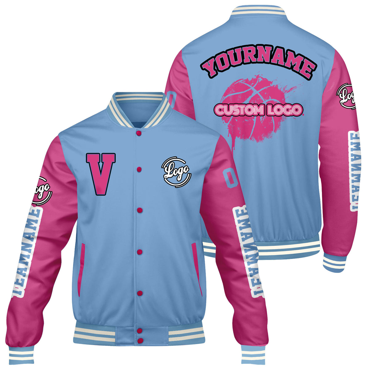Maßgeschneiderte Bleischblau Rosa Letterman Varsity Jacket Individuelle Stickerei Druck nach Ihrem Wunsch