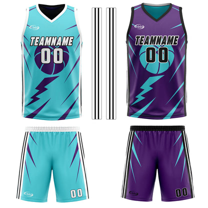 Benutzerdefinierte Cyan Lila Reversible Basketball Jersey Personalisierte Drucken Name Nummer Logo