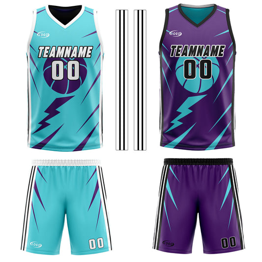 Benutzerdefinierte Cyan Lila Reversible Basketball Jersey Personalisierte Drucken Name Nummer Logo