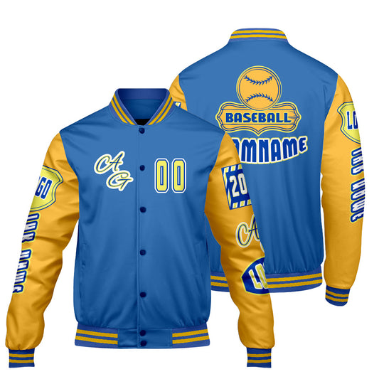 Maßgeschneiderte Blau Gelb Letterman Varsity Jacket Individuelle Stickerei  Druck nach Ihrem Wunsch