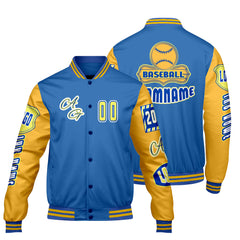 Maßgeschneiderte Blau Gelb Letterman Varsity Jacket Individuelle Stickerei  Druck nach Ihrem Wunsch