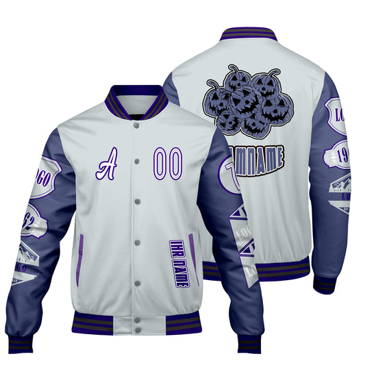 Maßgeschneiderte Grau Lila Letterman Varsity Jacket Individuelle Stickerei  Druck nach Ihrem Wunsch