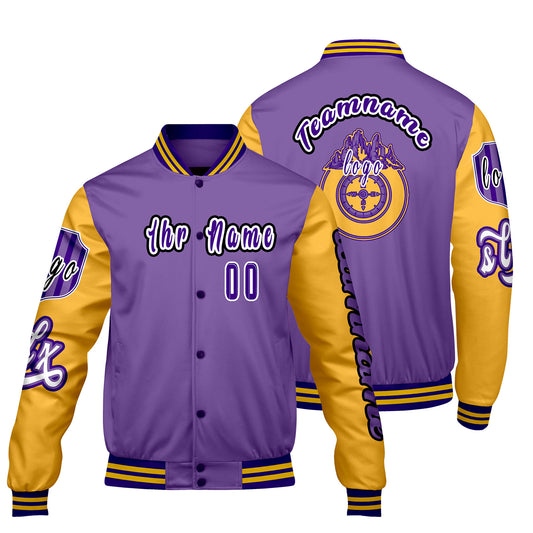 Maßgeschneiderte Lila Gelb Letterman Varsity Jacket Individuelle Stickerei  Druck nach Ihrem Wunsch