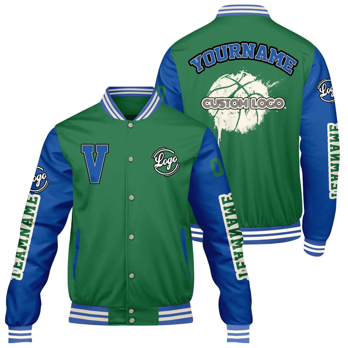 Maßgeschneiderte Grün Royal Letterman Varsity Jacket Individuelle Stickerei Druck nach Ihrem Wunsch
