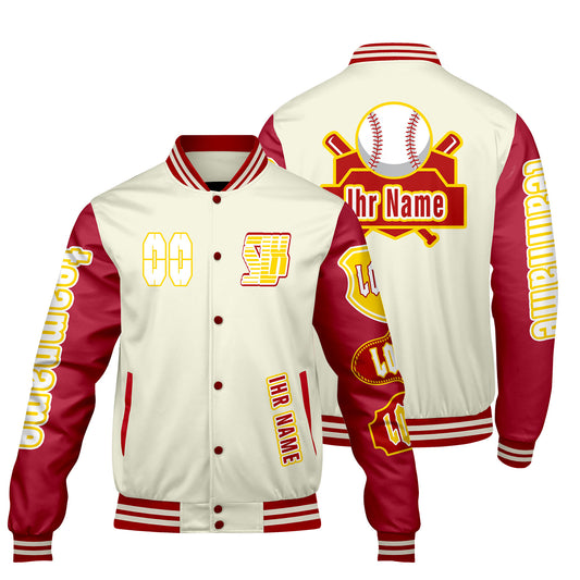 Maßgeschneiderte Weiß Rot Letterman Varsity Jacket Individuelle Stickerei  Druck nach Ihrem Wunsch