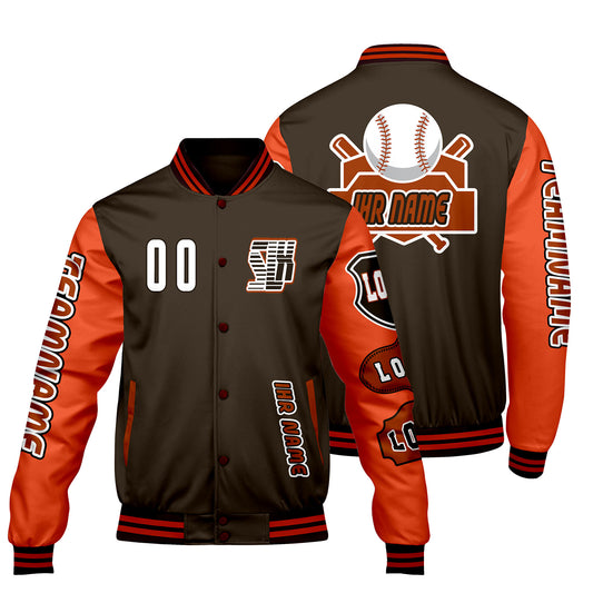 Maßgeschneiderte Braun Orange Letterman Varsity Jacket Individuelle Stickerei  Druck nach Ihrem Wunsch