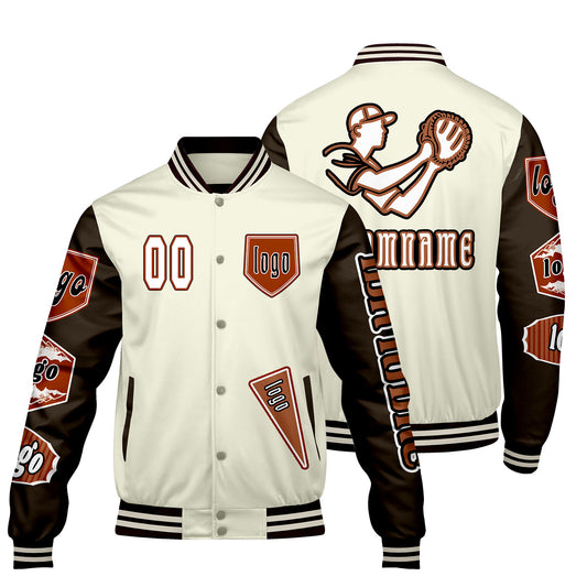 Maßgeschneiderte Weiß Braun Letterman Varsity Jacket Individuelle Stickerei  Druck nach Ihrem Wunsch