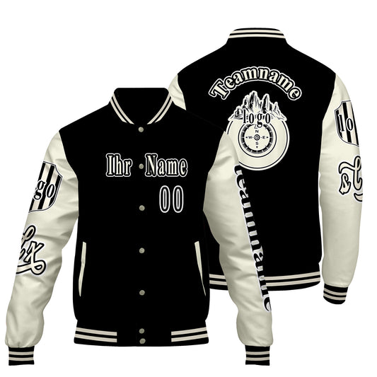 Maßgeschneiderte Schwarz Weiß Letterman Varsity Jacket Individuelle Stickerei  Druck nach Ihrem Wunsch