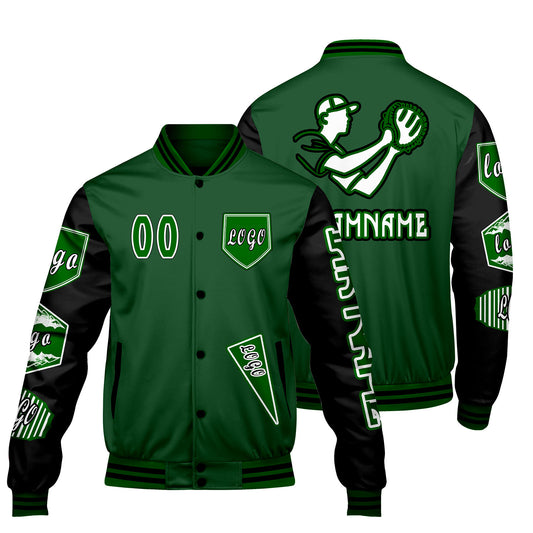 Maßgeschneiderte Grün Schwarz Letterman Varsity Jacket Individuelle Stickerei  Druck nach Ihrem Wunsch