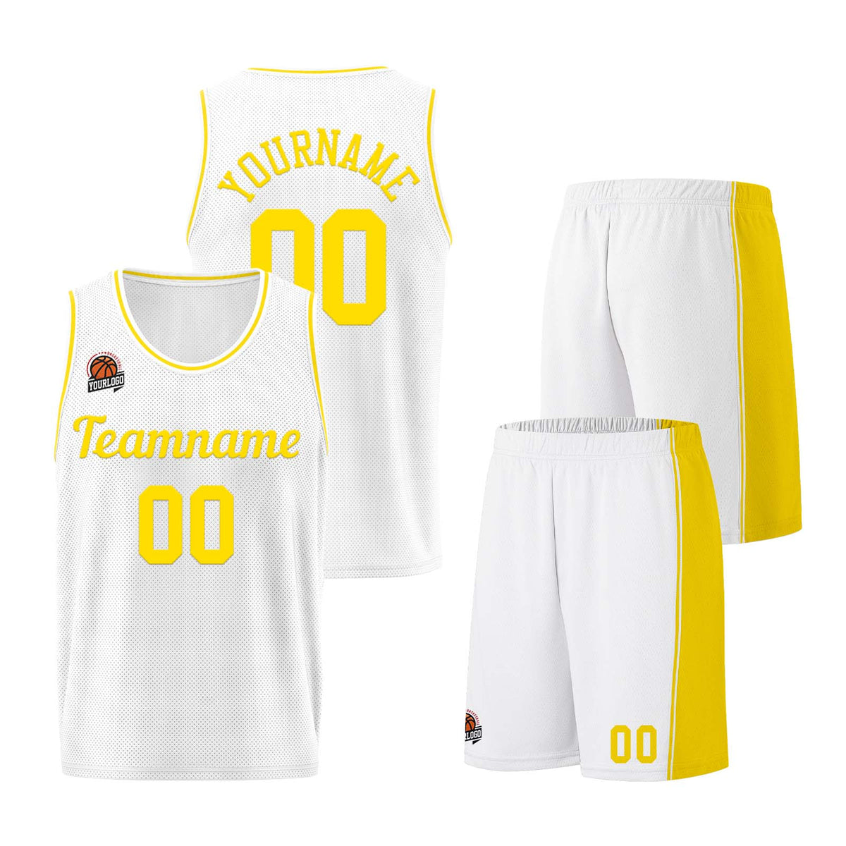 Individuelle Weiß-Gelb Basketball Jersey Shorts für Männer und Frauen Gestickter und gedruckter Name, Nummer und Logo