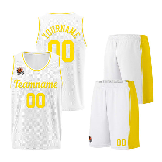 Individuelle Weiß-Gelb Basketball Jersey Shorts für Männer und Frauen Gestickter und gedruckter Name, Nummer und Logo