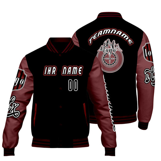 Maßgeschneiderte Schwarz Rot Letterman Varsity Jacket Individuelle Stickerei  Druck nach Ihrem Wunsch