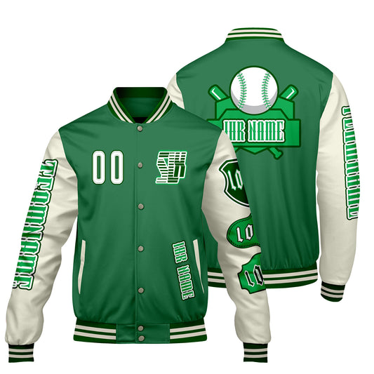 Maßgeschneiderte Grün Weiß Letterman Varsity Jacket Individuelle Stickerei  Druck nach Ihrem Wunsch