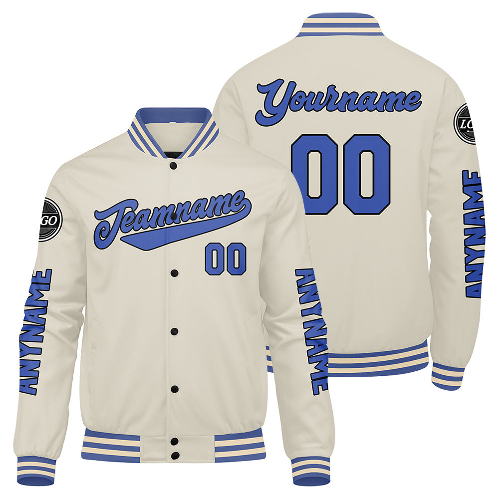 Maßgeschneiderte Cremeblau Letterman Varsity Jacket Individuelle Stickerei Druck nach Ihrem Wunsch