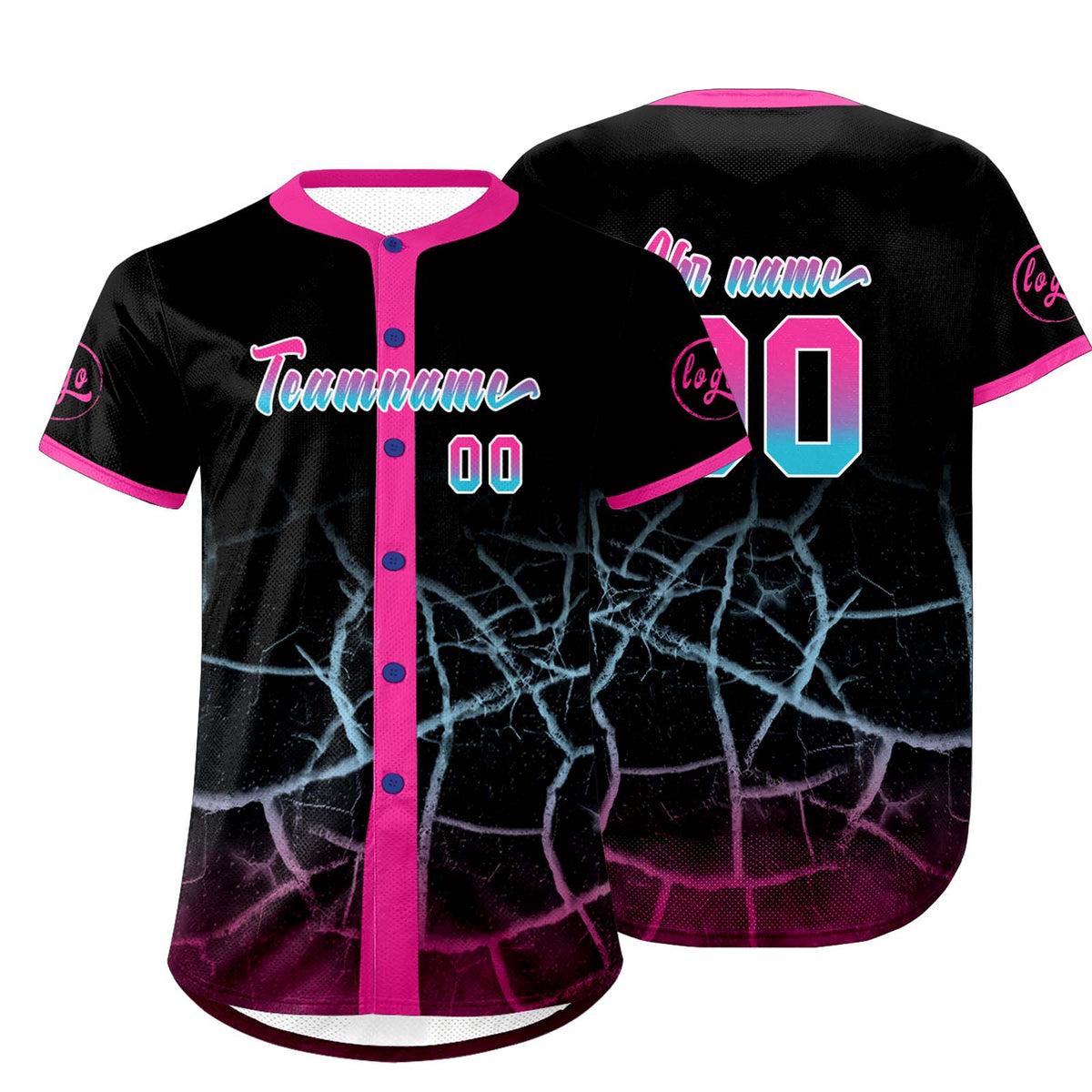 Benutzerdefiniert Schwarz Rosa Blau Personalisierter Baseball Jersey mit Farbverlauf Team Uniform mit Namen und Nummer