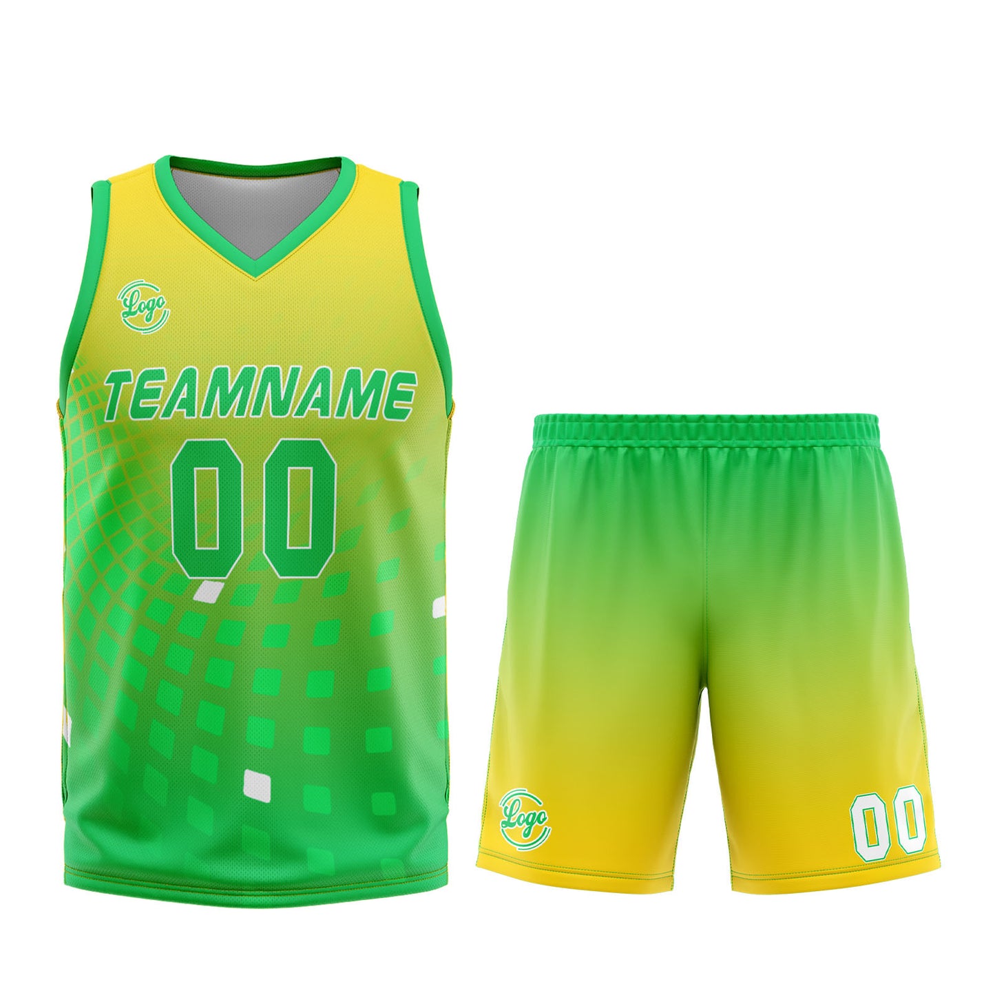 Benutzerdefinierter Gelb Grün Basketball Jersey Uniform Anzug gedruckt Ihr Logo Name Nummer