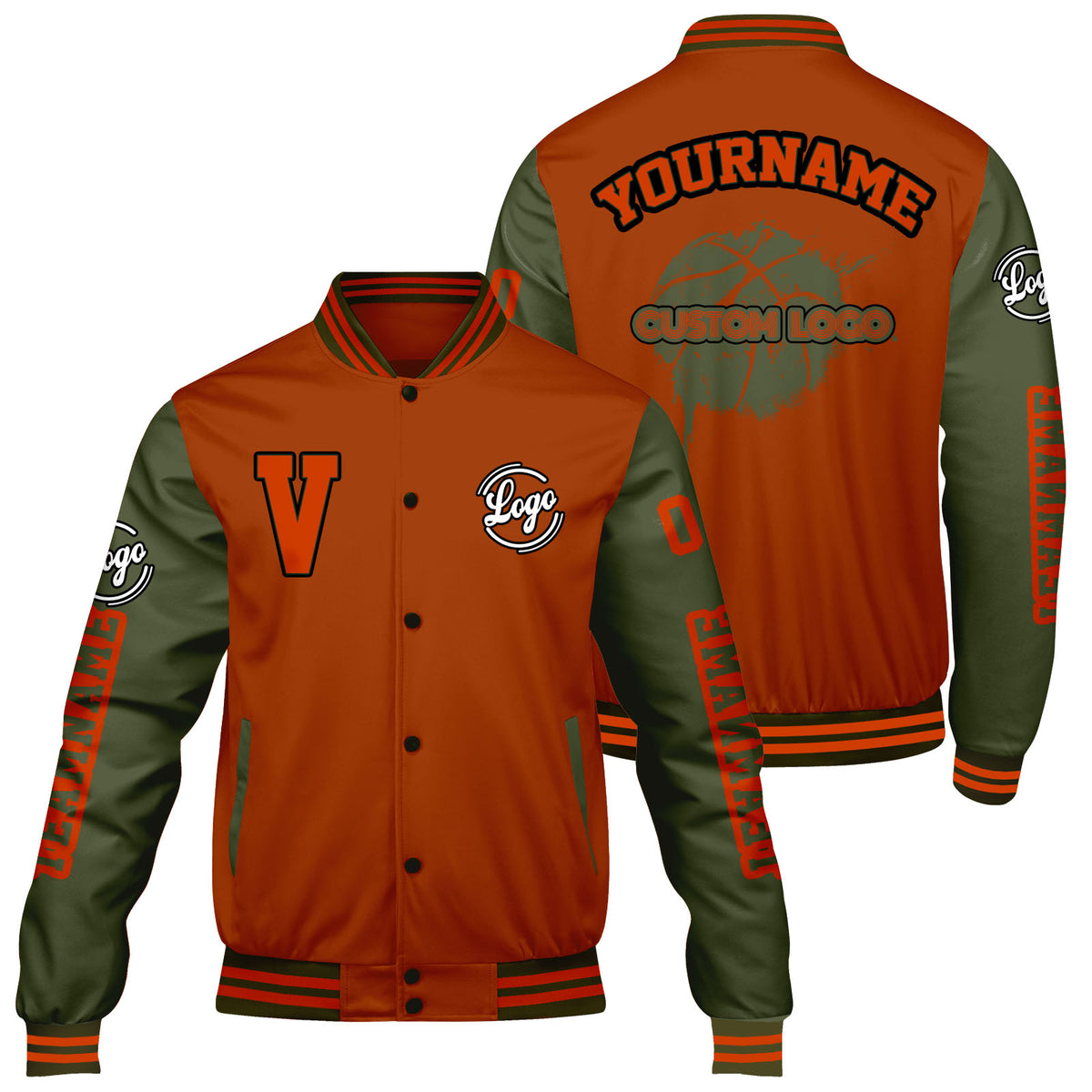 Maßgeschneiderte Orange Olivengrün Letterman Varsity Jacket Individuelle Stickerei Druck nach Ihrem Wunsch