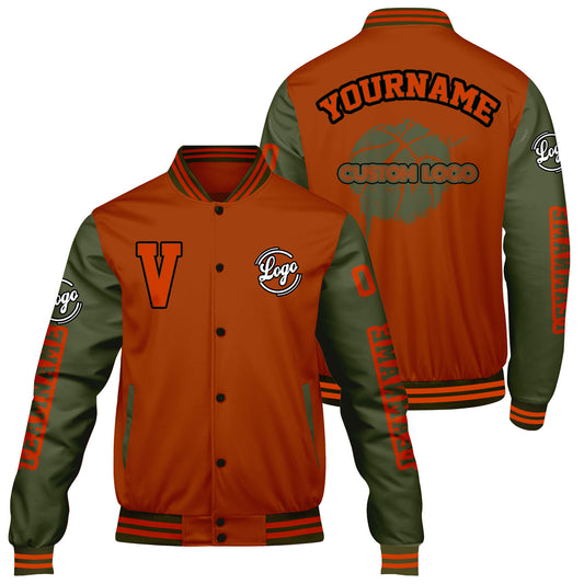 Maßgeschneiderte Orange Olivengrün Letterman Varsity Jacket Individuelle Stickerei Druck nach Ihrem Wunsch