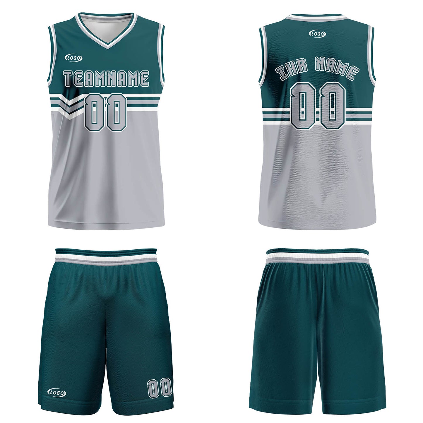 Benutzerdefinierter Grün Grau Weiß Basketball Jersey Uniform Anzug gedruckt Ihr Logo Name Nummer