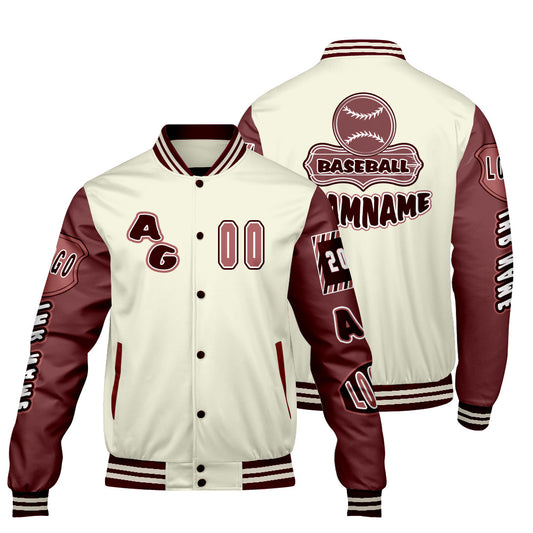 Maßgeschneiderte Weiß Rot Letterman Varsity Jacket Individuelle Stickerei  Druck nach Ihrem Wunsch