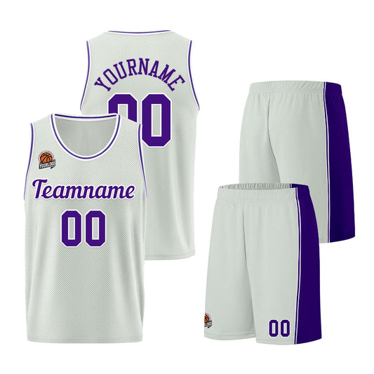 Individuelle Grau-Lila Basketball Jersey Shorts für Männer und Frauen Gestickter und gedruckter Name, Nummer und Logo