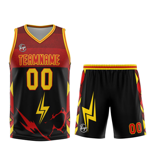 Benutzerdefinierter Schwarz Rot Gelb Basketball Jersey Uniform Anzug gedruckt Ihr Logo Name Nummer