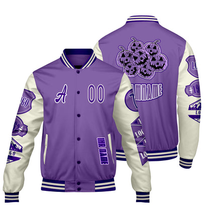 Maßgeschneiderte Lila Weiß Letterman Varsity Jacket Individuelle Stickerei  Druck nach Ihrem Wunsch