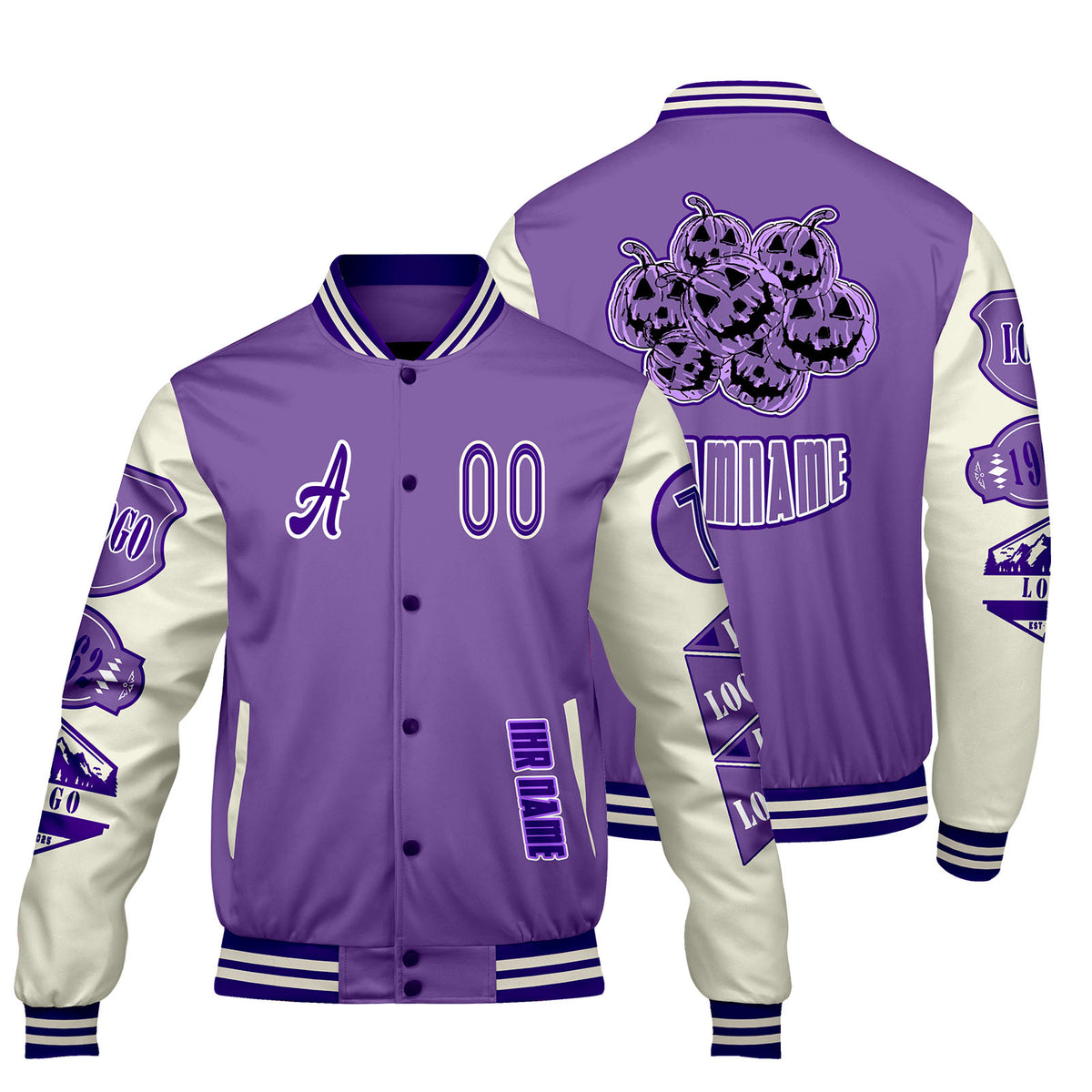 Maßgeschneiderte Lila Weiß Letterman Varsity Jacket Individuelle Stickerei  Druck nach Ihrem Wunsch
