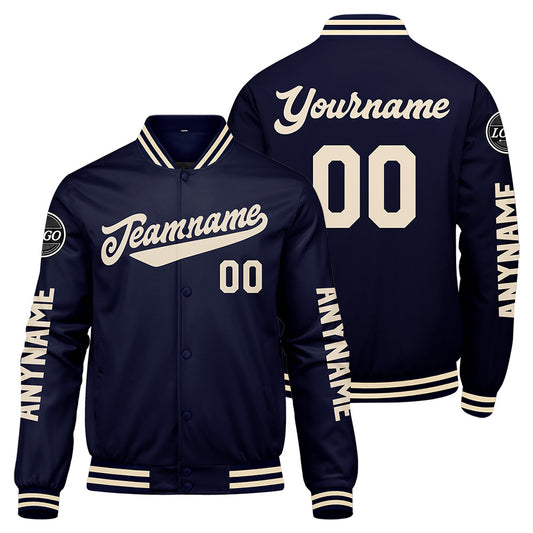 Maßgeschneiderte Marine Creme Letterman Varsity Jacket Individuelle Stickerei Druck nach Ihrem Wunsch