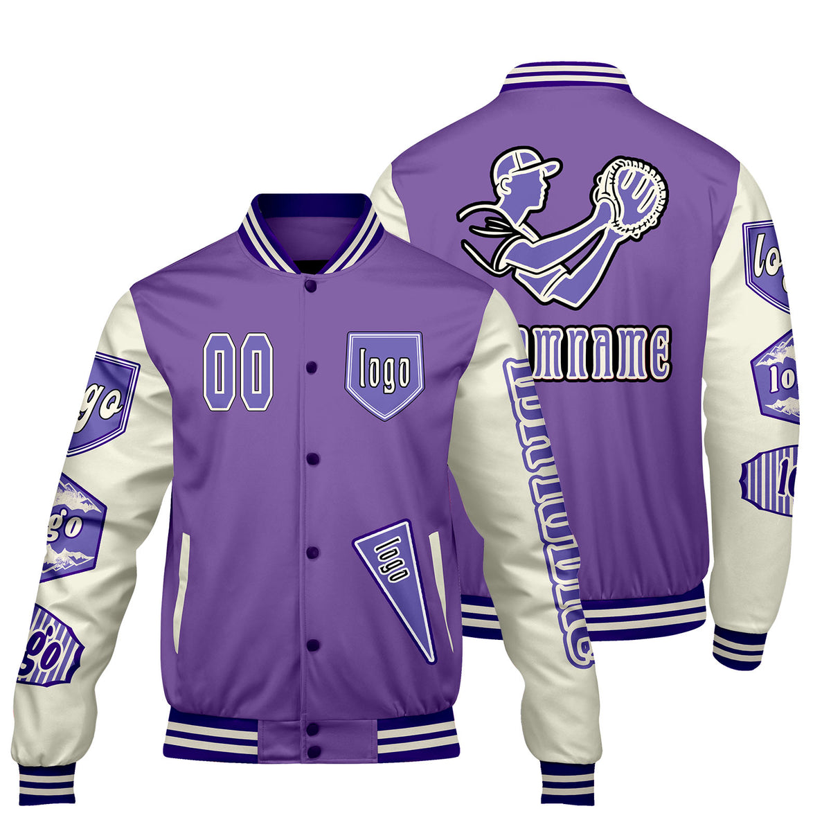 Maßgeschneiderte Lila Weiß Letterman Varsity Jacket Individuelle Stickerei  Druck nach Ihrem Wunsch