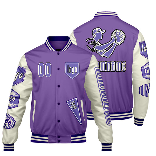 Maßgeschneiderte Lila Weiß Letterman Varsity Jacket Individuelle Stickerei  Druck nach Ihrem Wunsch