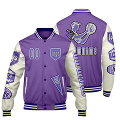 Maßgeschneiderte Lila Weiß Letterman Varsity Jacket Individuelle Stickerei  Druck nach Ihrem Wunsch