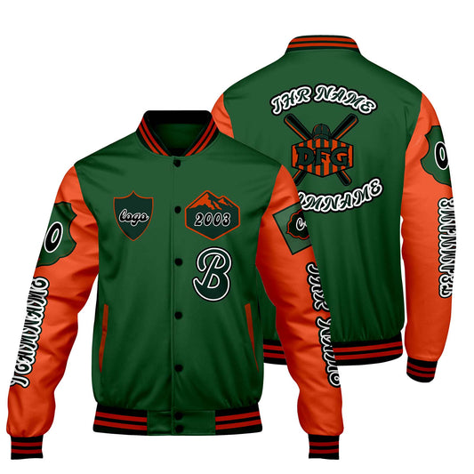 Maßgeschneiderte Grün Orange Letterman Varsity Jacket Individuelle Stickerei  Druck nach Ihrem Wunsch
