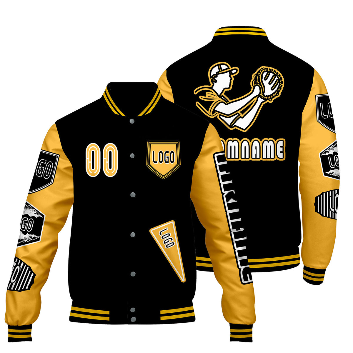 Maßgeschneiderte Schwarz Gelb Letterman Varsity Jacket Individuelle Stickerei  Druck nach Ihrem Wunsch
