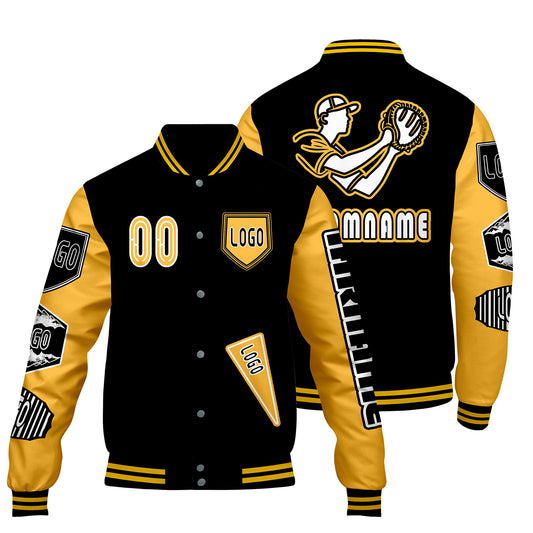 Maßgeschneiderte Schwarz Gelb Letterman Varsity Jacket Individuelle Stickerei  Druck nach Ihrem Wunsch