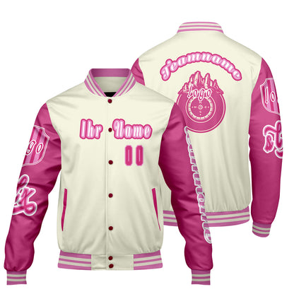 Maßgeschneiderte Weiß Rosa Letterman Varsity Jacket Individuelle Stickerei  Druck nach Ihrem Wunsch