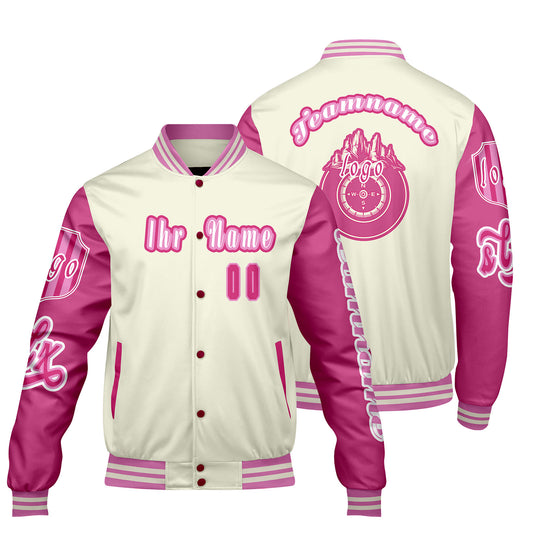Maßgeschneiderte Weiß Rosa Letterman Varsity Jacket Individuelle Stickerei  Druck nach Ihrem Wunsch