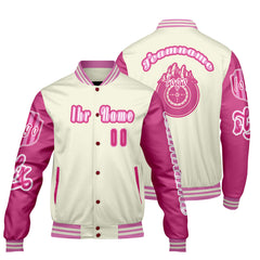 Maßgeschneiderte Weiß Rosa Letterman Varsity Jacket Individuelle Stickerei  Druck nach Ihrem Wunsch
