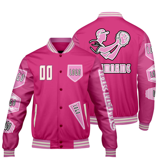 Maßgeschneiderte Rosa Letterman Varsity Jacket Individuelle Stickerei  Druck nach Ihrem Wunsch
