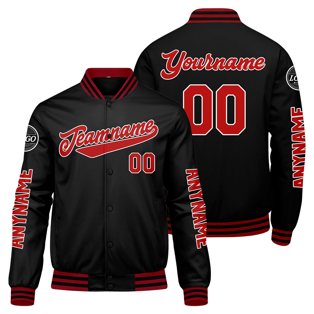 Maßgeschneiderte Rot Schwarz Letterman Varsity Jacket Individuelle Stickerei Druck nach Ihrem Wunsch