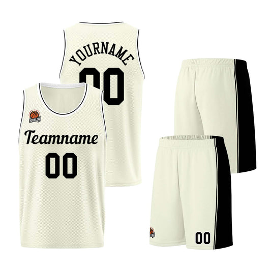Individuelle Creme-Schwarz Basketball Jersey Shorts für Männer und Frauen Gestickter und gedruckter Name, Nummer und Logo