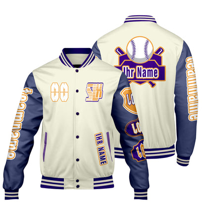 Maßgeschneiderte Weiß Lila Letterman Varsity Jacket Individuelle Stickerei  Druck nach Ihrem Wunsch